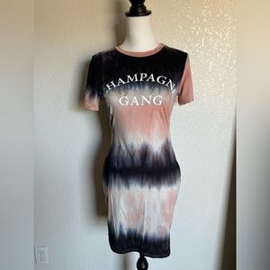 “Champagne Gang” mini dress | M | Peach/Black Tie dye fashion nova short sleeve